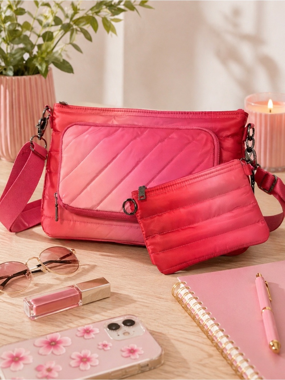 NWT THINK ROYLN Tie Dyed Quilted Red Pink Crossbody Bag with Matching Pouch